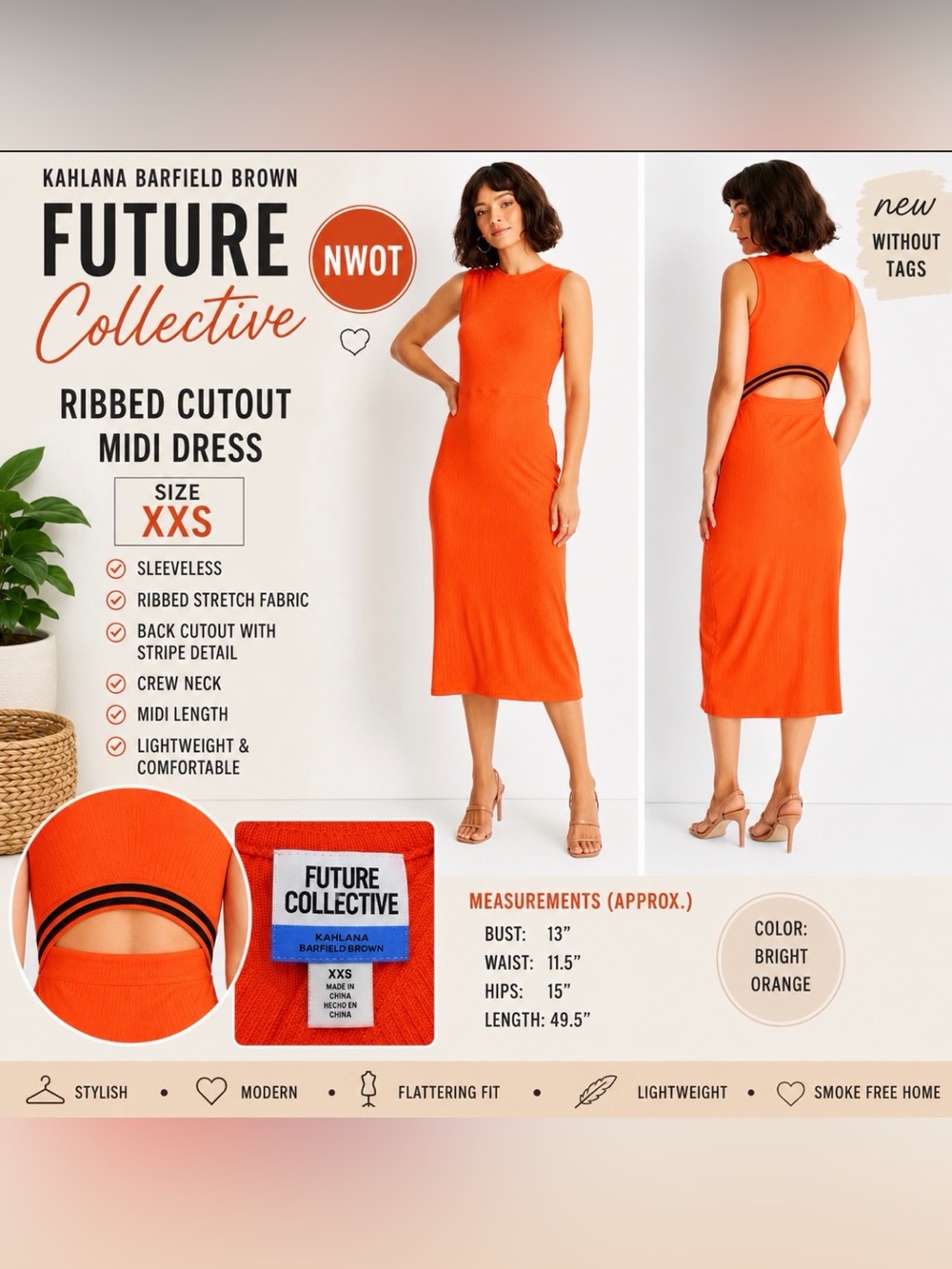 Future Collective x Kahlana Barfield Brown Ribbed Cutout Midi Dress | XXS | NWOT